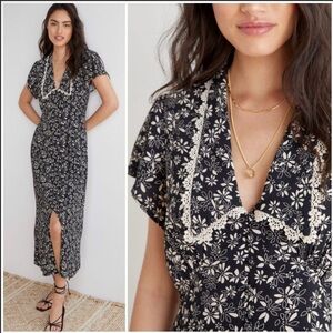 Anthropologie Kat Peter Pan Collared Floral Maxi Dress Black White 2 XS Prairie